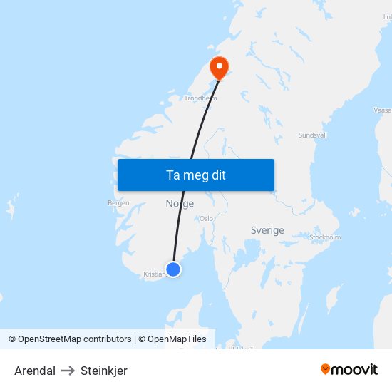 Arendal to Steinkjer map