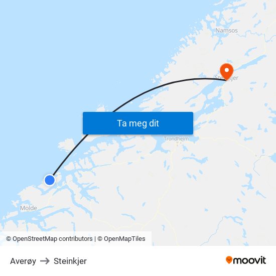 Averøy to Steinkjer map