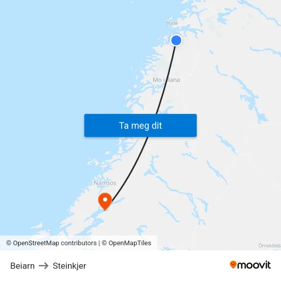 Beiarn to Steinkjer map