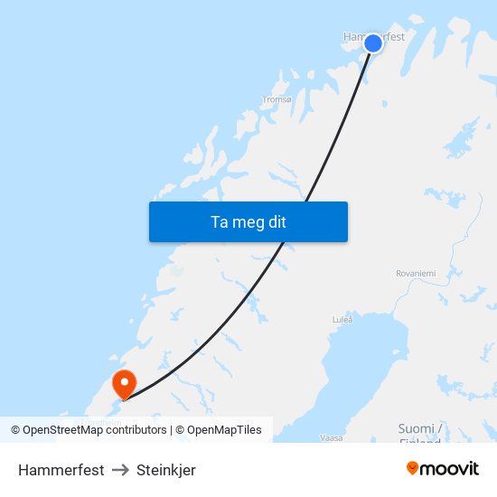 Hammerfest to Steinkjer map