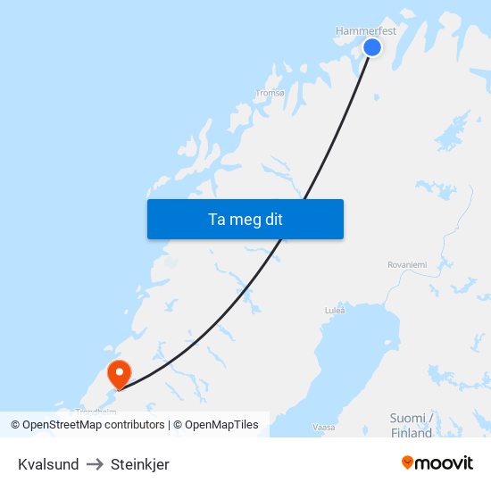 Kvalsund to Steinkjer map