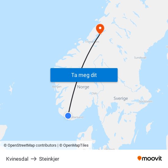 Kvinesdal to Steinkjer map