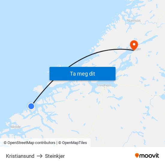 Kristiansund to Steinkjer map