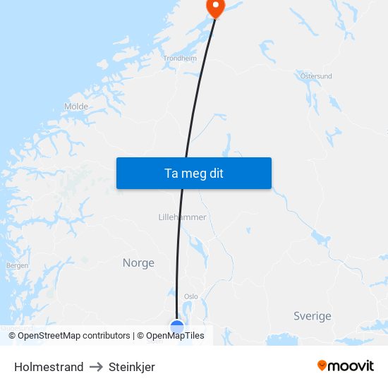 Holmestrand to Steinkjer map
