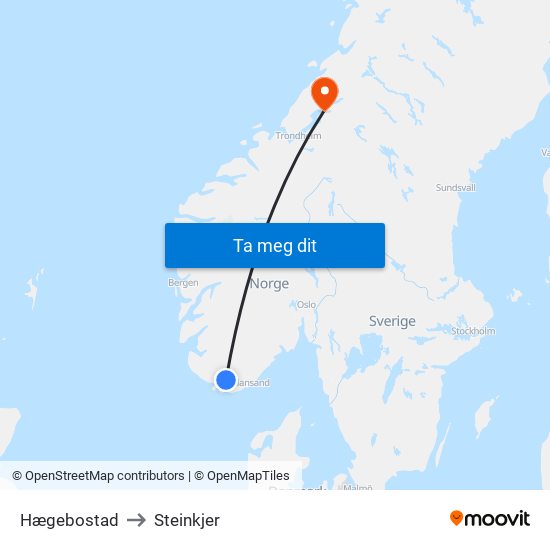 Hægebostad to Steinkjer map