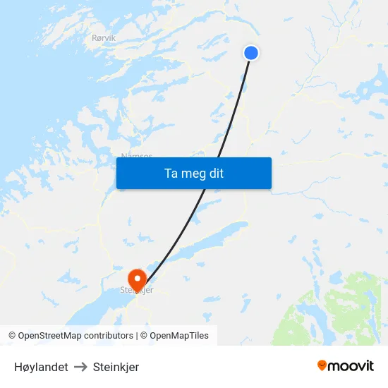 Høylandet to Steinkjer map