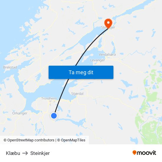 Klæbu to Steinkjer map