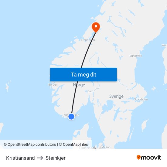 Kristiansand to Steinkjer map
