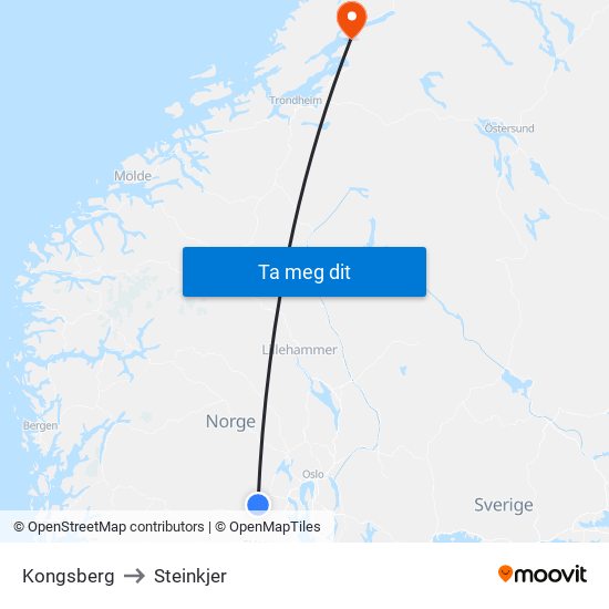 Kongsberg to Steinkjer map