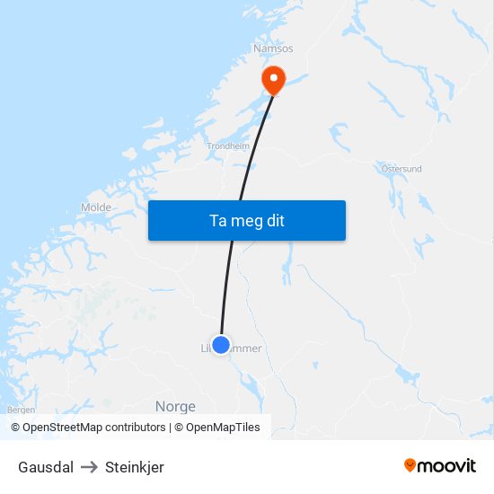 Gausdal to Steinkjer map