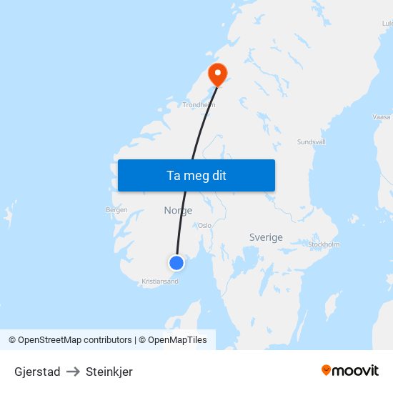 Gjerstad to Steinkjer map