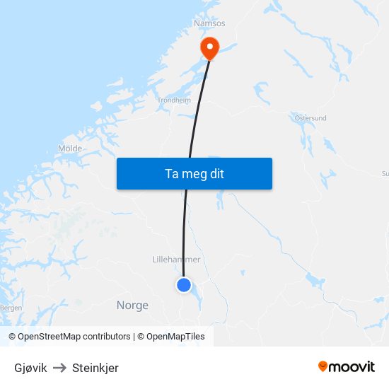 Gjøvik to Steinkjer map