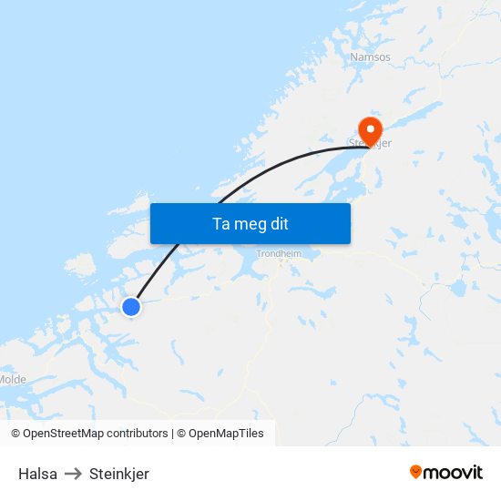 Halsa to Steinkjer map