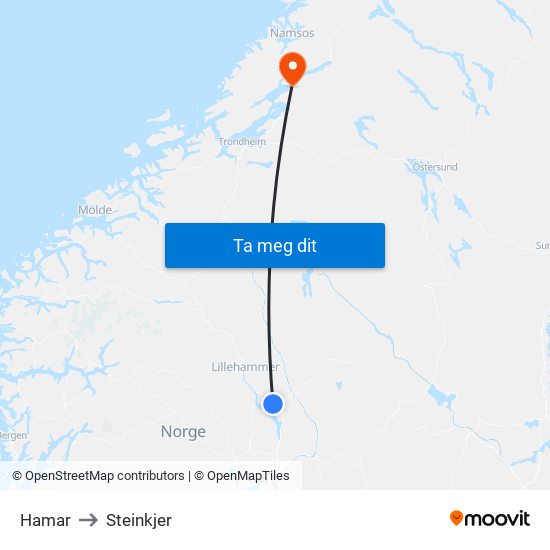 Hamar to Steinkjer map