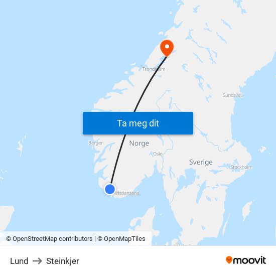 Lund to Steinkjer map