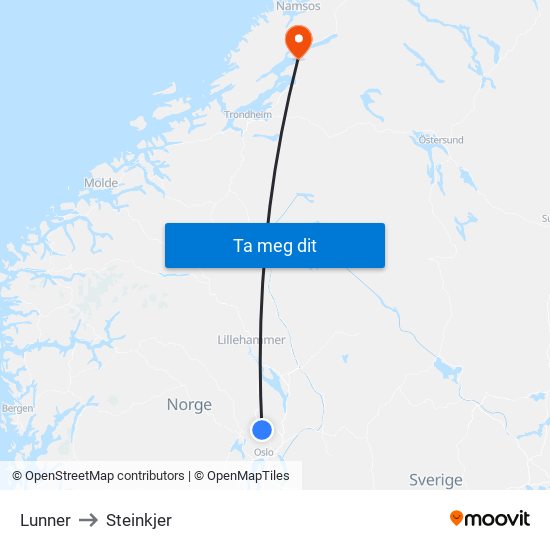 Lunner to Steinkjer map