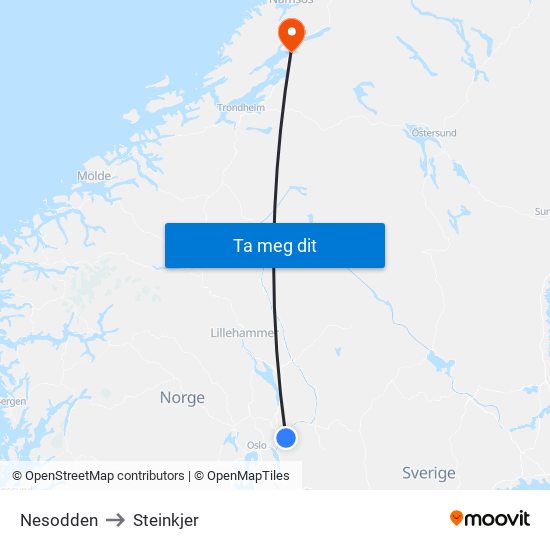 Nesodden to Steinkjer map