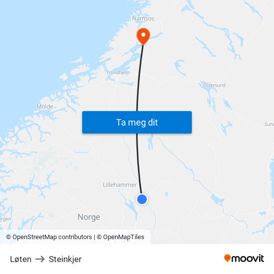 Løten to Steinkjer map