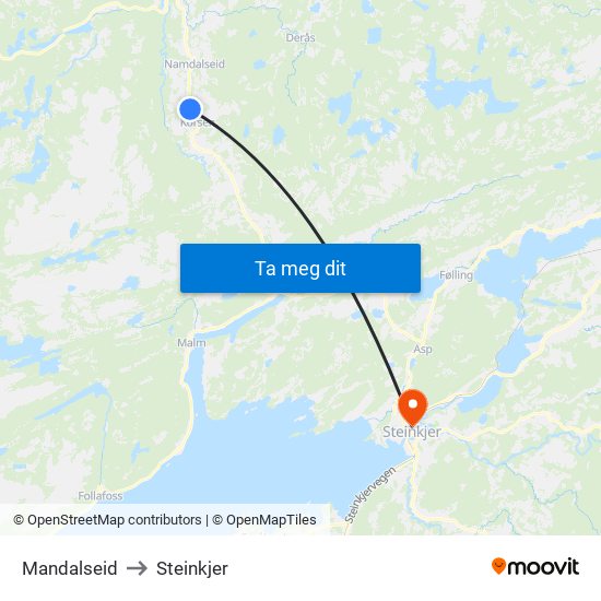 Mandalseid to Steinkjer map