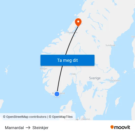 Marnardal to Steinkjer map