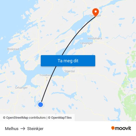 Melhus to Steinkjer map