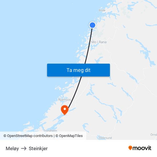 Meløy to Steinkjer map