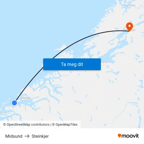 Midsund to Steinkjer map
