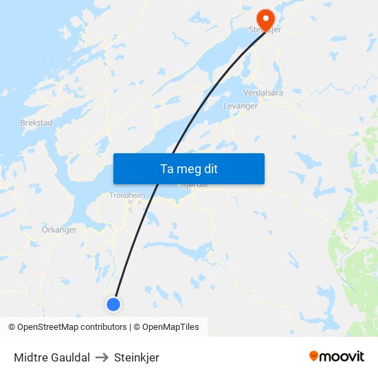 Midtre Gauldal to Steinkjer map