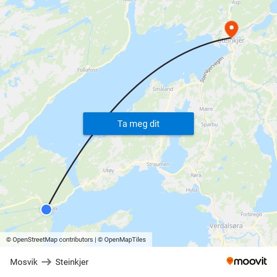 Mosvik to Steinkjer map