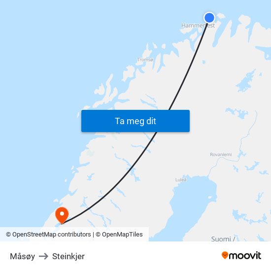 Måsøy to Steinkjer map