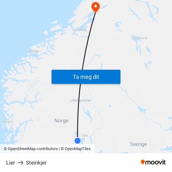 Lier to Steinkjer map