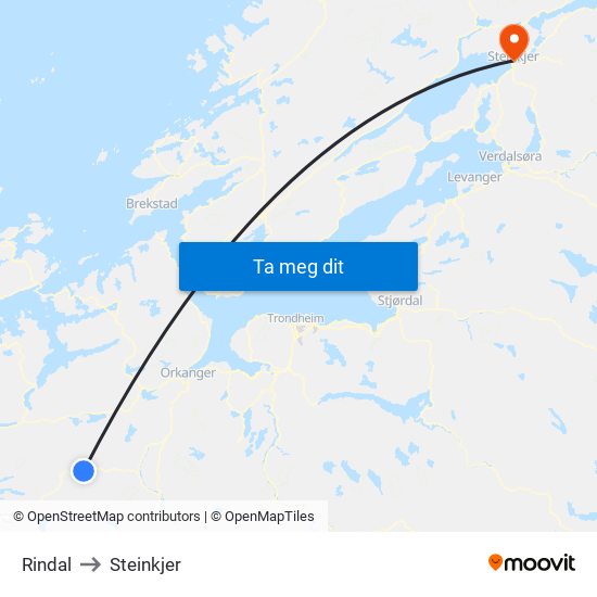 Rindal to Steinkjer map