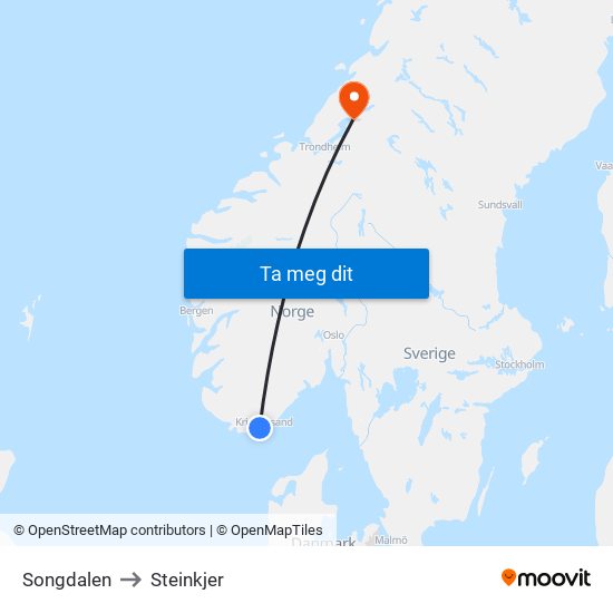 Songdalen to Steinkjer map