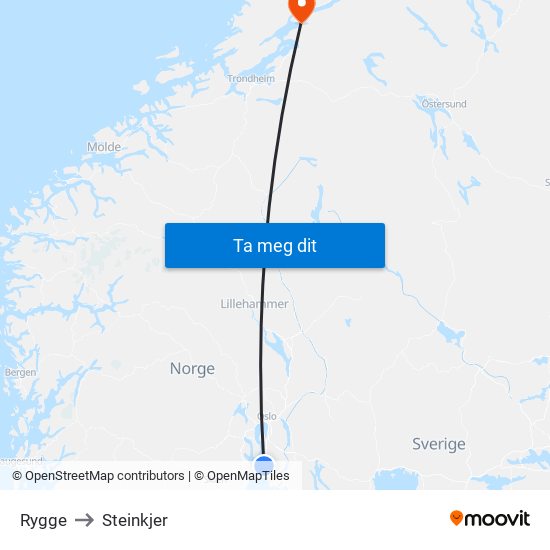 Rygge to Steinkjer map