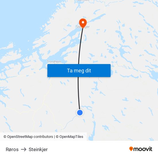 Røros to Steinkjer map