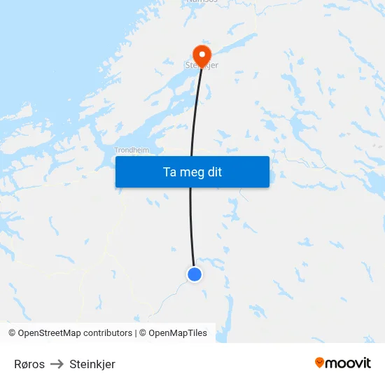 Røros to Steinkjer map