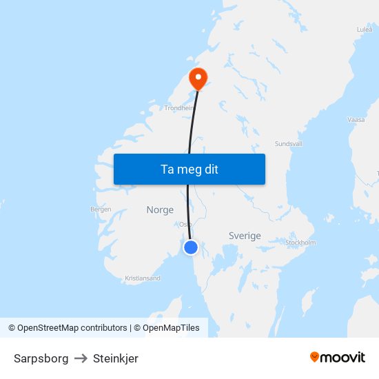 Sarpsborg to Steinkjer map
