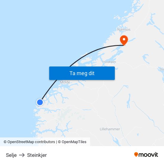 Selje to Steinkjer map