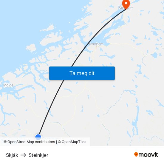 Skjåk to Steinkjer map