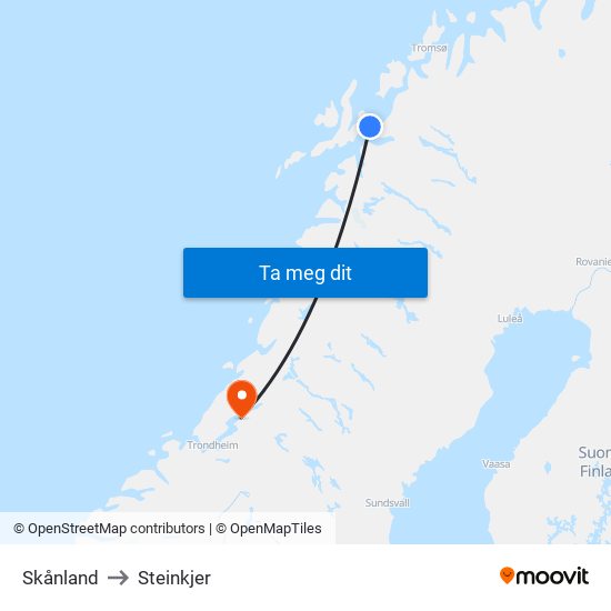 Skånland to Steinkjer map