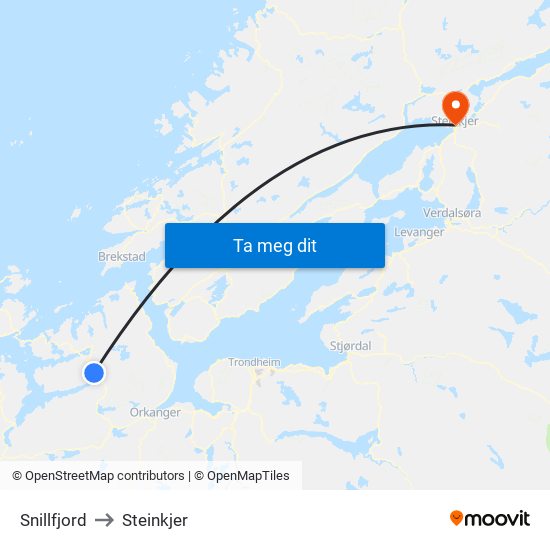 Snillfjord to Steinkjer map