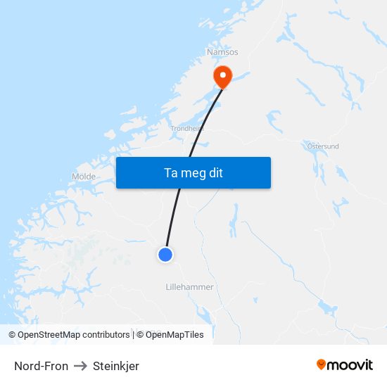 Nord-Fron to Steinkjer map