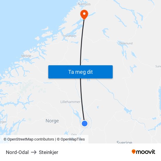 Nord-Odal to Steinkjer map