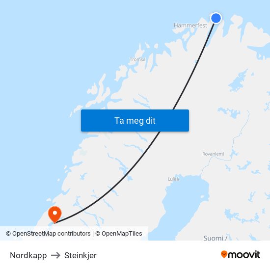 Nordkapp to Steinkjer map