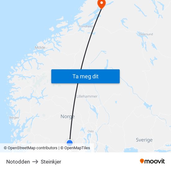 Notodden to Steinkjer map