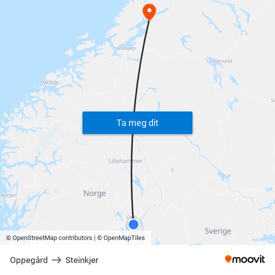 Oppegård to Steinkjer map