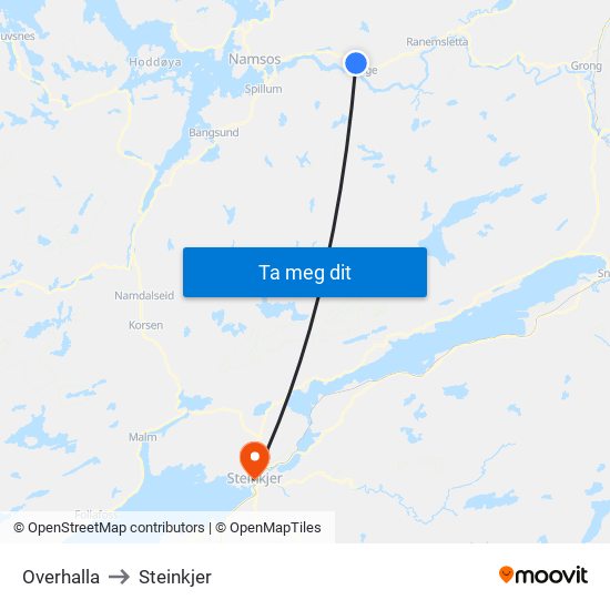 Overhalla to Steinkjer map