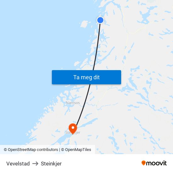 Vevelstad to Steinkjer map