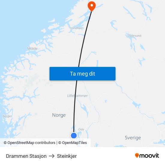 Drammen Stasjon to Steinkjer map