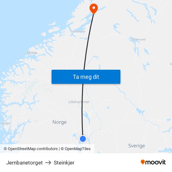 Jernbanetorget to Steinkjer map